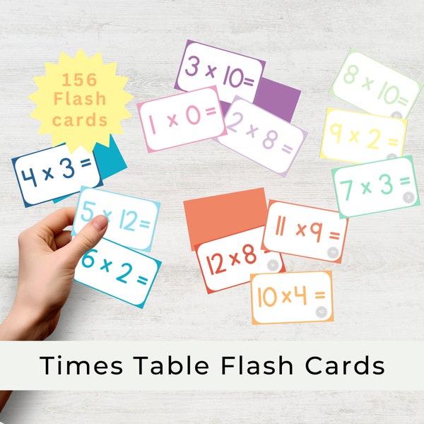 Times Table Flash Cards Multi Colored | 156 Cards | Answers Optional