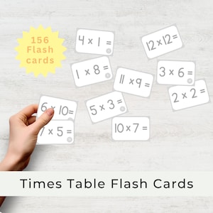 Puede incluir: Un conjunto de 156 tarjetas de memoria blancas con problemas de multiplicación impresos en ellas. Las tarjetas están esparcidas sobre una superficie de madera clara. El texto en las tarjetas incluye: 4 x 1 =, 12 x 12 =, 1 x 8 =, 6 x 10 =, 5 x 3 =, 7 x 5 =, 11 x 9 =, 10 x 7 =, 3 x 6 = y 2 x 2 =.