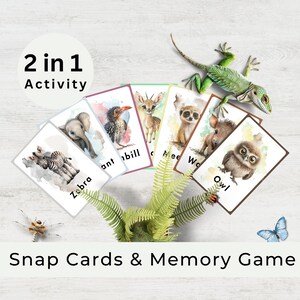 May include: A set of 10 colorful illustrated animal snap cards with watercolor backgrounds. The cards feature a zebra, elephant, bird, deer, lemur, pig, and owl. The text on the cards reads "Zebra", "Ant", "Bill", "Nee", "Wo", and "Owl". The cards are designed for a 2-in-1 activity: snap cards and memory game.