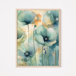 Teal Poppy Decor |  Watercolor Floral |  Poppy Artwork |  Floral Painting |  Teal Flower Print |  Nature Print