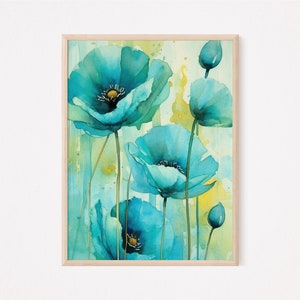 Teal Poppy |  Watercolor Art |  Poppy Wall Decor |  Floral Painting |  Teal Flower |  Nature Poster