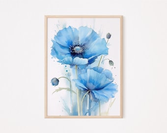 Blue Poppy Decor | Watercolor Floral | Botanical Art | Poppy Flower ...