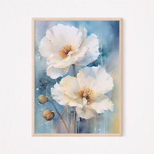 Delicate Floral |  White Poppy Art |  Watercolor Print |  Botanical Decor |  Elegant Wall Art |  Nature-Inspired