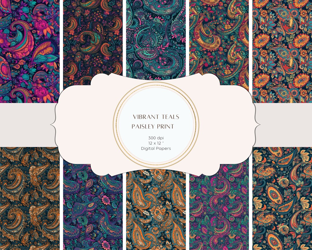 Vibrant Paisley Print Digital Paper Bundle Bold Color Palette Seamless ...