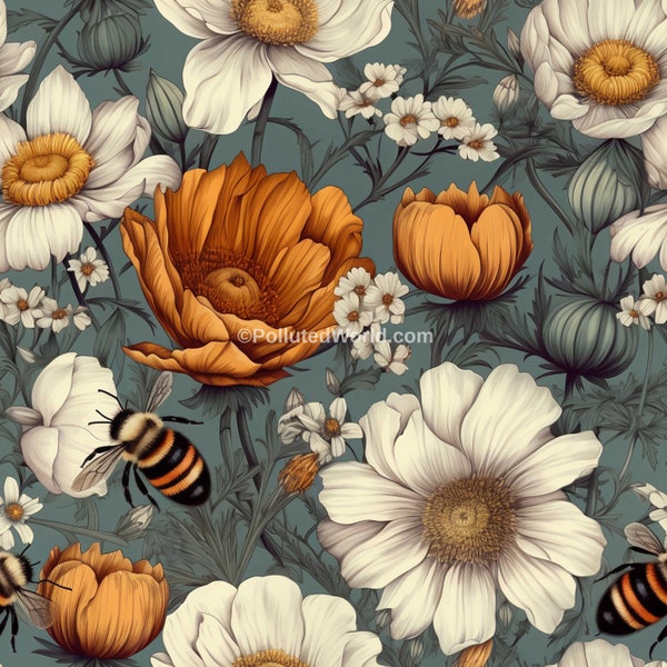 Floral Bee #23 Seamless Pattern Digital Paper Image