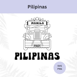 May include: Black and white line art illustration of a jeepney, a type of public transportation vehicle common in the Philippines. The jeepney has the words "MANILA" and "PINOY" on it. The words "PILIPINAS" are written in a retro font below the jeepney.