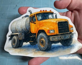 Watercolor Water Truck Sticker – Yellow Construction Tanker Illustration
