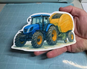 Watercolor Tractor Sticker: Blue Farm Tractor & Hay Baler Illustration
