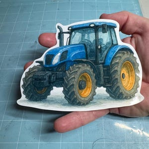 Pegatina de tractor azul acuarela: ilustración de vehículo agrícola grande
