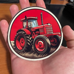 Circular red tractor sticker