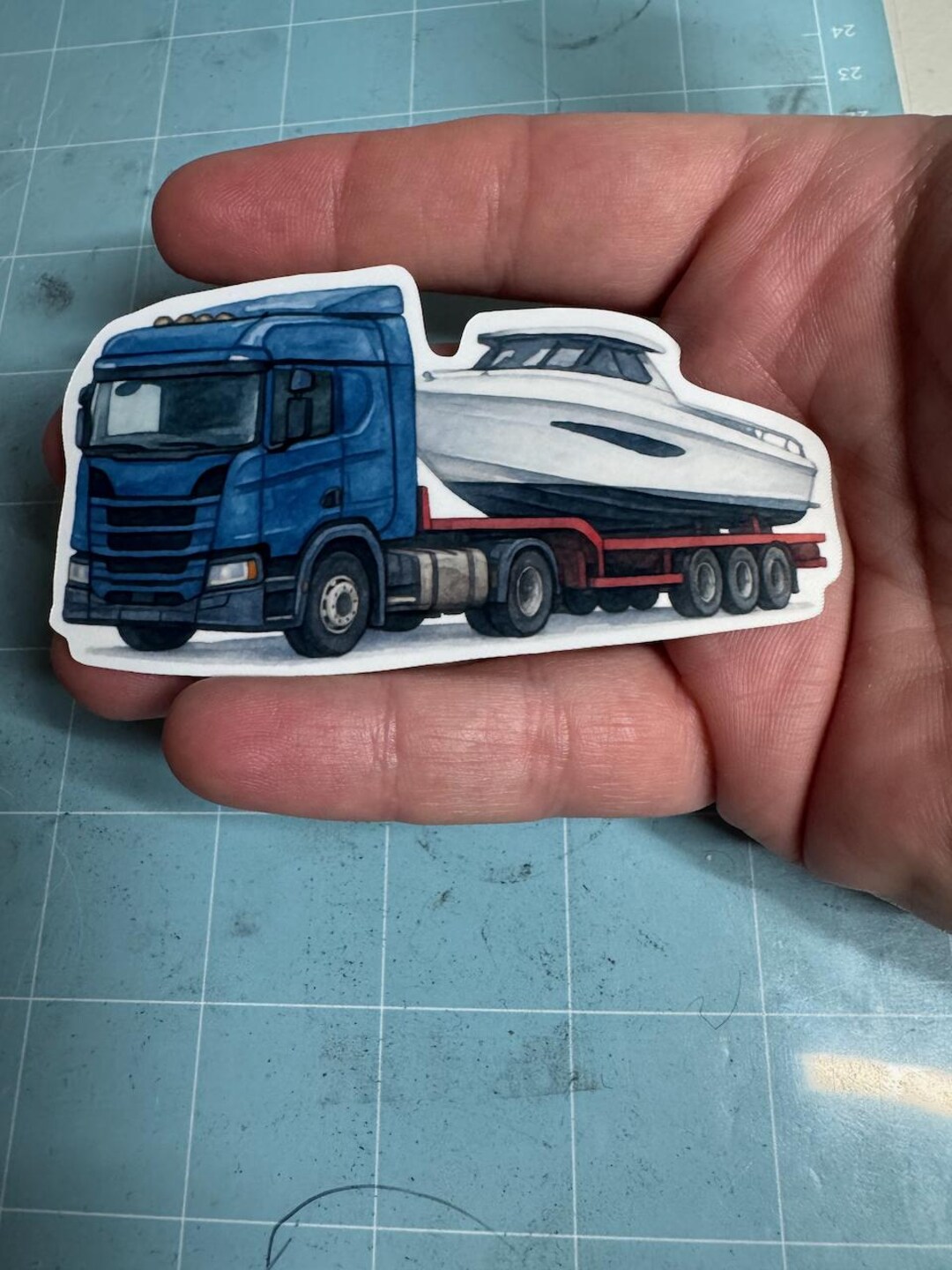 Watercolor Semi Truck Hauling Boat Sticker – Blue Truck With Yacht ...