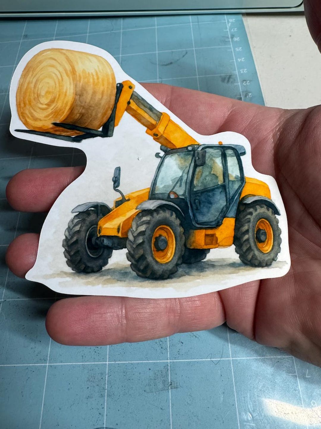 Watercolor Telehandler Sticker – Yellow Forklift Tractor With Hay Bale ...