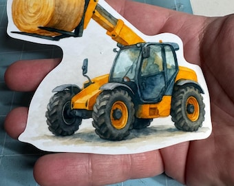 Watercolor Telehandler Sticker – Yellow Forklift Tractor with Hay Bale Illustration