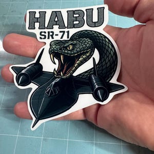 Puede incluir: Una pegatina con un avión SR-71 negro con un diseño de cabeza de serpiente. La serpiente tiene ojos amarillos y la boca abierta. La pegatina tiene el texto "HABU SR-71" en gris.