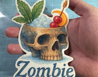 Watercolor Zombie Tiki Drink Sticker - Skull Mug Cocktail Art