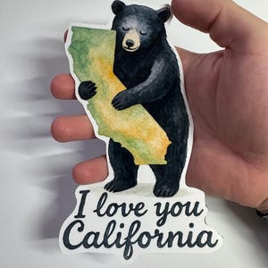 Pegatina "Te amo California" – Vinilo del estado abrazando a un oso en acuarela