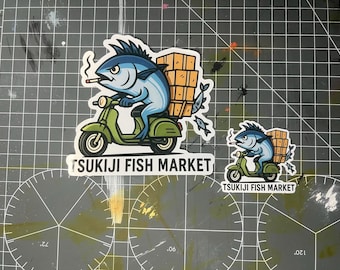 Tsukiji Fish Market Sticker – Funny Tuna Riding Scooter Vinyl Decal, Japanese Food & Market Art