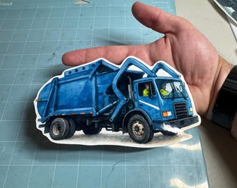 Watercolor Front-Load Garbage Truck Sticker – Blue Trash Collection Vehicle Art