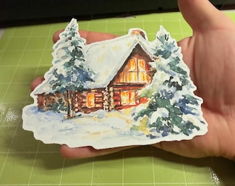 Cozy Christmas Cabin Watercolor Sticker