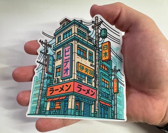 Japanese Street Corner Sticker – Retro Ramen Shop and Neon Signs | Urban Tokyo Vinyl Decal