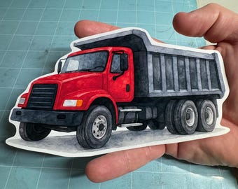 Watercolor Dump Truck Sticker – Red Construction Hauler Illustration