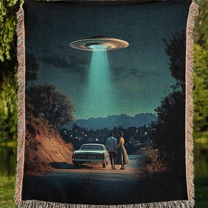Alien Love Story Woven Blanket | Retro UFO Encounter Throw | Sci-Fi Home Decor | Gift for Couple | Midcentury Aesthetic Tapestry