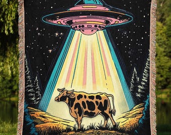 Alien Cow Abduction Woven Blanket | Funny UFO Throw