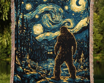 Bigfoot Starry Night Woven Cotton Throw Blanket | Cryptid Art