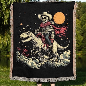 Woven Dino Rider Blanket – Cotton Woven Throw Skeleton Cowboy on Dinosaur Under Sunset Sky, Whimsical Fantasy Western Decor