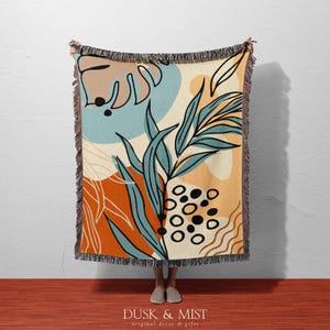 Botanical Abstract Woven Blanket | Modern Boho Leaf & Floral Throw | Nature-Inspired Cotton Tapestry for Sofa, Bed and Wall Decor