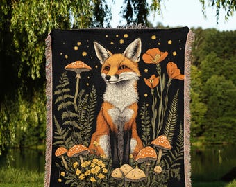 Woodland Fox & Mushroom Blanket | Forestcore Animal Throw | Cottagecore Nature Decor | Cozy Woven Gift | Whimsical Botanical Art Tapestry