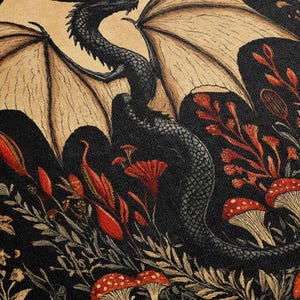 A woven throw blanket showcasing a majestic black dragon curled among mushrooms and botanical foliage beneath a glowing golden moon. The rich fantasy design, filled with forest plants and mystical details, is illustrated in earthy tones of crimson, gold, and deep brown on a dark backdrop.