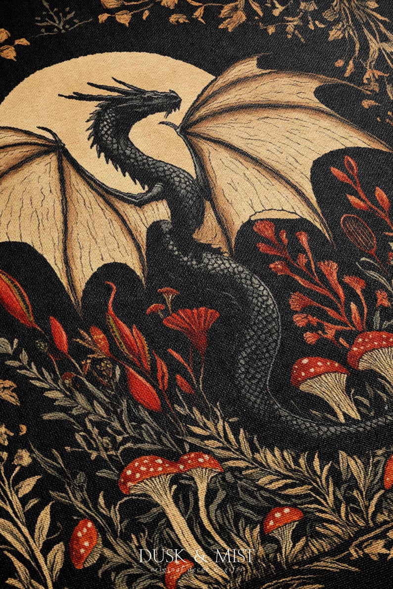 A woven throw blanket showcasing a majestic black dragon curled among mushrooms and botanical foliage beneath a glowing golden moon. The rich fantasy design, filled with forest plants and mystical details, is illustrated in earthy tones of crimson, gold, and deep brown on a dark backdrop.
