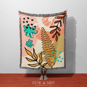 Tropical Botanical Abstract Woven Blanket | Boho Leaf and Fern Cotton Throw | Colorful Nature Tapestry for Wall, Bed or Sofa Decor