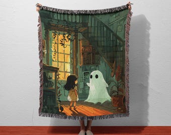 Ghost and Girl Woven Blanket | Halloween Decor Tapestry