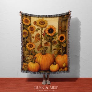 Autumn Sunflowers & Pumpkin Harvest Cotton Blanket | Cozy Fall Woven Throw | Rustic Cottagecore Decor | Thanksgiving Gift | Warm Tones