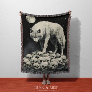 Eerie Moon Lunar Gothic Wolf Blanket | Dark Woven Tapestry Throw | Spooky Skullcore Decor for Him | Spirit Animal Home Gift
