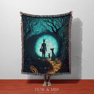 Forest Rabbit Family Woven Blanket | Whimsical Dark Nature Cotton Throw | Enchanted Animal Tapestry for Wall, Bed or Cozy Sofa Decor