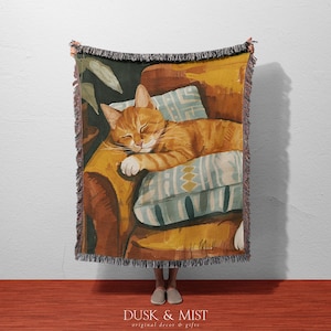 Snuggly Orange Cat 100% Cotton Woven Blanket | Retro Armchair Decor Throw | Cat Lover Gift for Him or Her | Cozy Sofa Art Blanket