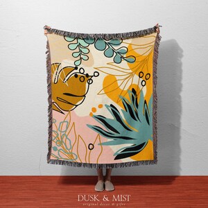 Botanical Abstract Woven Blanket | Boho Leaf and Bloom Cotton Throw | Colorful Nature-Inspired Tapestry for Wall, Bed or Sofa Decor