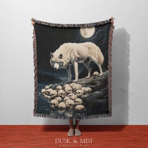 Haunting White Wolf Skull 100% Cotton Blanket | Gothic Woven Throw Tapestry | Moonlit Forest Horror Decor | Gift for Him