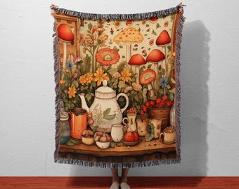 Cottagecore Mushroom Tea Cotton Blanket | Rustic Botanical Woven Throw