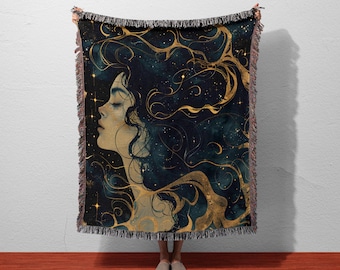 Celestial Woman Woven Throw Blanket | Starry Night Tapestry