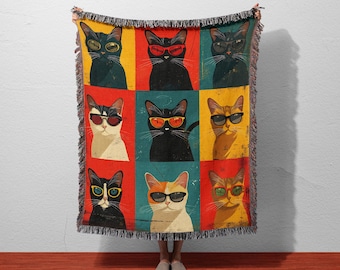 Retro Cat Blanket Pop Art Style | Colorful Woven Throw for Cat Lovers | Funky Cat Decor Gift | 100% Cotton Woven Tapestry Blanket