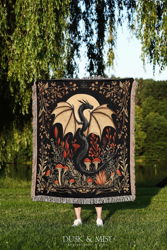 Mushroom Forest Dragon Blanket | Dark Fantasy Throw | Mythical Creature Woven Decor | Gothic Gift for Him | Woodland Tapestry