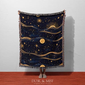 Cosmic Waves Woven Blanket | Golden Moon & Star Cotton Throw | Cosmic Astrology Decor | Dreamy Celestial Gift | Galaxy Aesthetic Tapestry