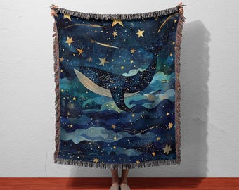 Galaxy Whale Throw Cotton Blanket | Celestial Night Sea Tapestry | Ocean Decor for Bed or Wall | Cosmic Whale Decor Gift for Dreamers