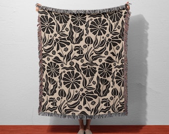 Floral Woven Cotton Throw Blanket | Black and Beige Tapestry