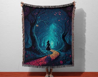 Fairytale Forest Girl Woven Blanket | Enchanted Cotton Tapestry