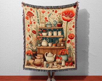 Cottagecore Tea Party Woven Blanket | Botanical Tapestry Throw